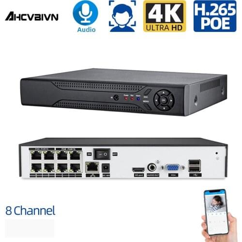 AHCVBIVN 8 Channel 4K 8MP H.265 CCTV POE NVR 48V PoE CCTV Video Recorder ONVIF For H.265 H.264 Plug Play PoE IP Camera