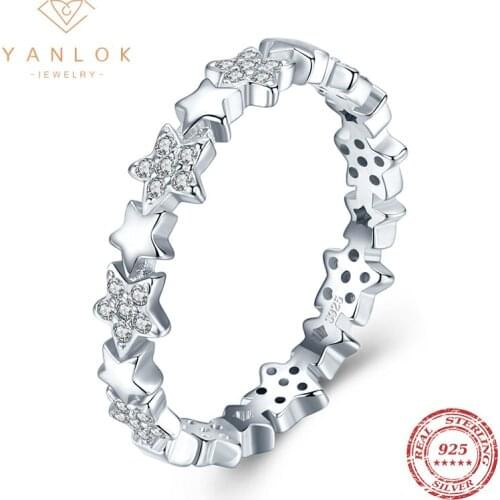 YANLOK Pure 925 Sterling Silver Sparkling Clear Zirconia Stars Meteor Stackable Finger Rings For Women Fashion Fine Jewelry Anel