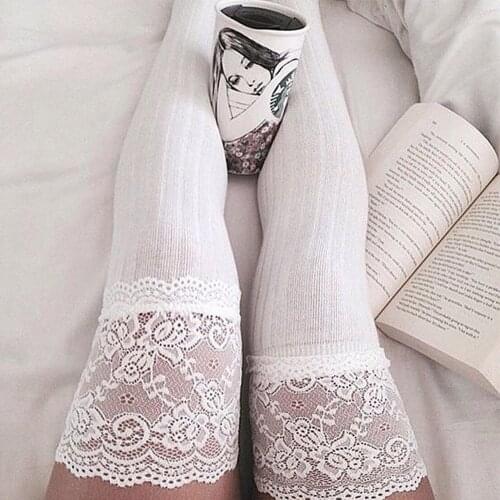 Women White High Stocks Women White Stockings Over The Knee Lace Patchwork Knit Stretch Stockings