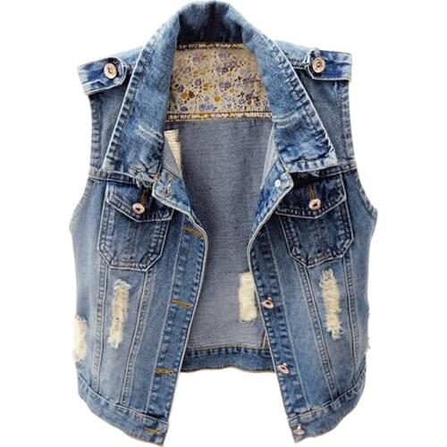Plus size 4XL 5XL 6XL Short Denim Denim vest Jacket Women Casual Slim Single Breasted Sleeveless Hole Jeans vest 2020 New Summer