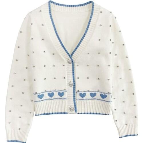 Womens Short Cardigan Sweater V-Neck Crystal Button Diamond Beaded White Top Long Sleeve Sweater Fall Cardigan Jacket Sweater