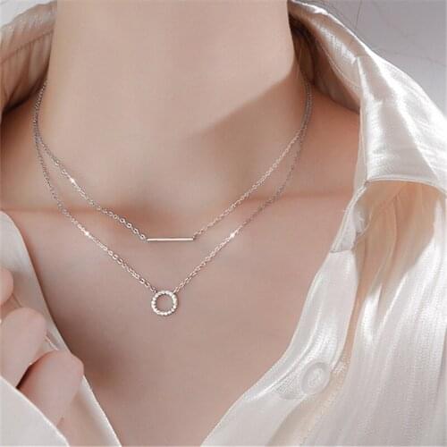925 Sterling Silver Double Layer Crystal Circle Charm Necklaces & Pendants Choker Statement Necklace For Women Jewelry dz623