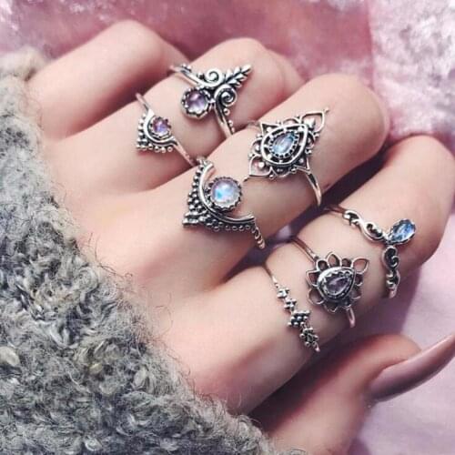 Bague Femme Rings Vintage Water Drops Ring for Women Boho Geometric Flower Crystal Knuckle Ring Set Bohemian Midi Finger Jewelry