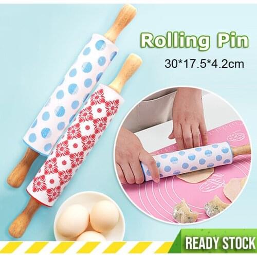 1Pcs Silicone Roller Non-Stick Wooden Handle Rolling Pin Christmas Pastry Dough Fondant Cake Maker Tool Kitchen Baking Supplies