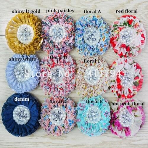 120 pcs/lot , rhinestone and pearl chiffon flowers, shabby flowers for headband
