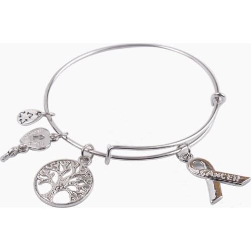 5PCS Fashion bangle Silver Color Tone Cancer Ribbon Expandable Wire Bangle Bracelet #91135