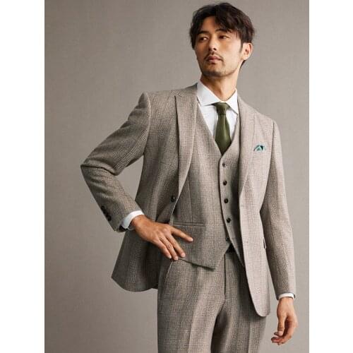 60% Wool Light Brown Plaid Men Suits Set Slim Style Wedding Groom Wear Business Man Daily Thicken Blazer Suit Plus Size 58 44