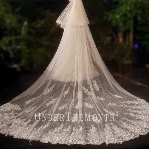 Ivory Long Bridal Veil With Comb Two Layer 4m Cathedral Luxurious Shiny Lace Appliqued Wedding Veil Real Photo New Accessories