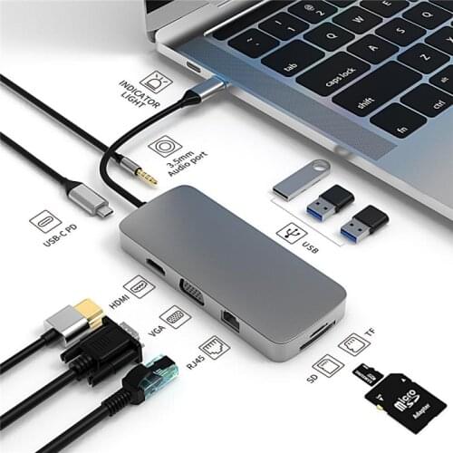 SB HUB Docking Station Type C Adapter USB 3.0 4K -compatible VGA RJ45 10 in 1 Converter for Macbook Pro Hub Thunderbolt 3