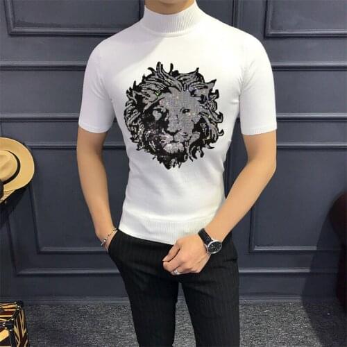T-Shirt Sweater Spring Mens Knitted Crops Heavy Craftsmanship Hot Diamond Fashion Short-Sleeved Comfortable Wool Male Knitwear