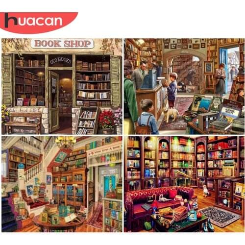 HUACAN Oil Painting By Number Bookstore Drawing On Canvas Pictures By Numbers House Landscape Hand Painted Wall Arts