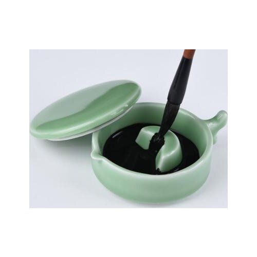 Green Porcelain Ink Box Brush Rest With Lid Calligraphy Painting Tool Exquisite Small Gift