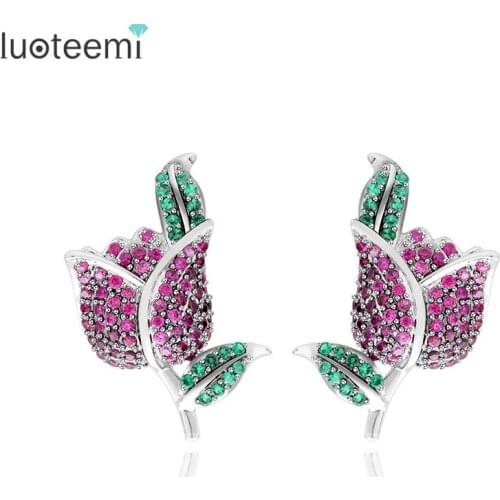 LUOTEEMI Brand New Fashion Red / Blue Corundum Stud Earrings Hot Sale Classic White Gold-Color Rose Flower Earring For Women