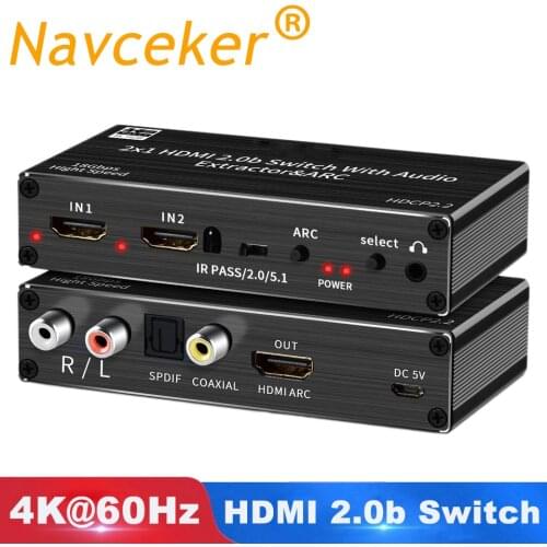 Mini 2x1 4K HDMI Switch Audio Extractor With ARC & Optical Toslink HDMI 2.0 Switch 4K 60Hz HDMI Switcher Remote For Apple TV PS4