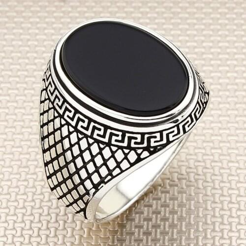 Round Black Onyx Stone Men Silver Ring With Diamond Pattern Made in Turkey Solid 925 Sterling Silver