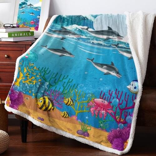 Cartoon Marine Pattern Dolphin Fish Waves Soft Blankets For Beds Office Sofa Plush Blanket Bedspreads Quilt Drop Ship