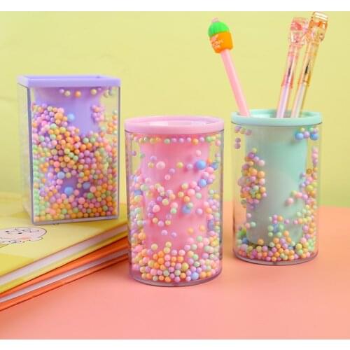 Creative Desktop Large Capacity Squar Shape Pencil Case Cute Foam Ball Style Transparent Pen Holder Decoration Storage