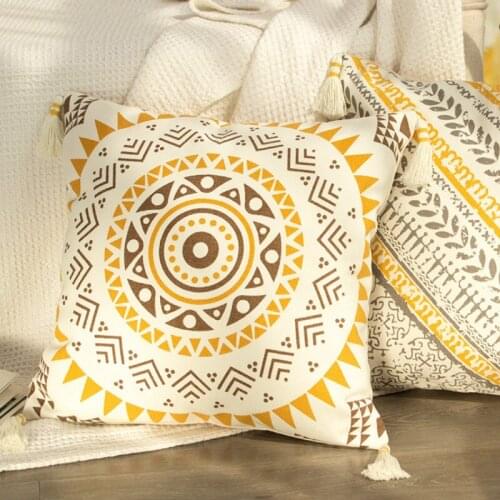 DUNXDECO Cushion Cover Decorative Pillow Case Simple Yellow Leaf Print Cotton Tassel Coussin Home Room Sofa Chair Decorating