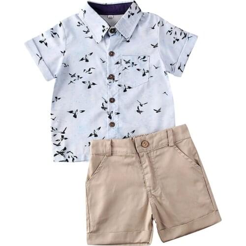 New 2PCS Baby Kids Gentleman Clothes Boys Short Sleeve Seagull Print Tops+Short Pants Outfits