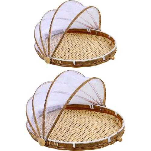 Handmade Bamboo Woven Bug Proof Wicker Basket Dustproof Picnic Fruit Tray Food Bread Dishes Cover With Gauze Panier amiable