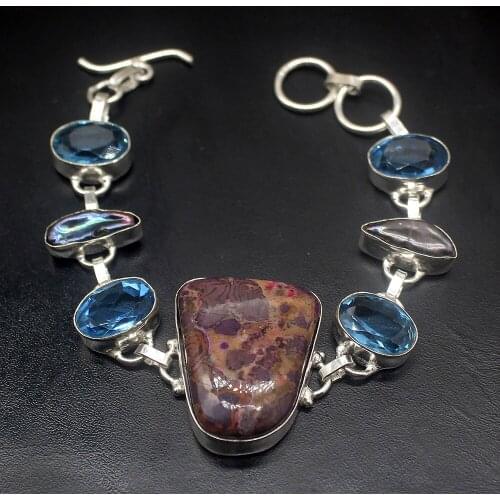 Natural OceanJasper BlueTopaz Biwa Pearl Silver Color Charms Links Bracelets For Women 7.5 inch HD702
