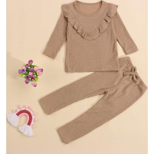 Autumn Fall Girls Long Sleeve Ruffle Pullover Top Pants 2 Pcs Clothing Ribbed Baby Cotton Outfits Kids Girls Clothes