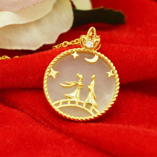 [Happy Chinese Valentines Day] Valentines Day Limited Gift Gilding Inlaid Hetian White Jade Pendant Female Cowherd and Weaving