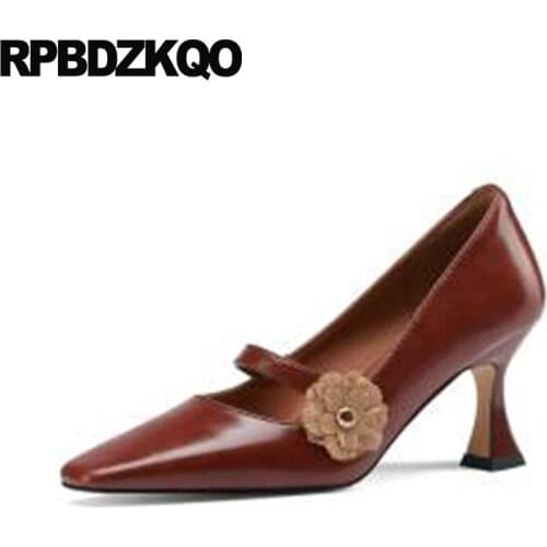 Vintage Floral Strap 3 Inch Ladies Wine Red Size 33 Shoes Flower High Heels Genuine Leather Mary Jane Stiletto Pumps Square Toe