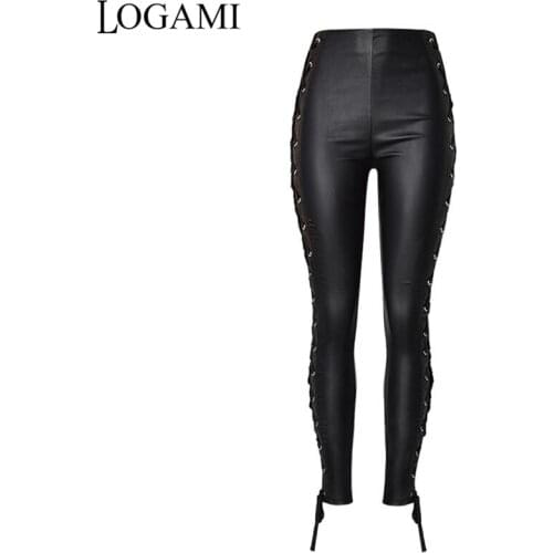 LOGAMI High Waist Womens Faux Leather Pants Lace Up Women Skinny Pu Leather Pants Trousers Black
