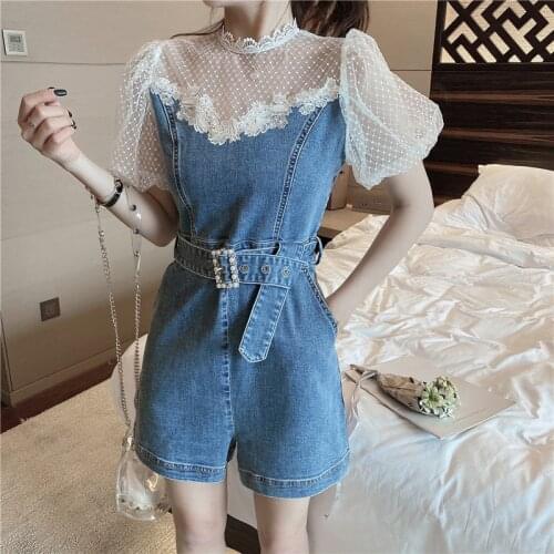 Denim short Jeans womens summer design lace patchwork wide-leg one-piece casual shorts hit color patchwork jumpsuit