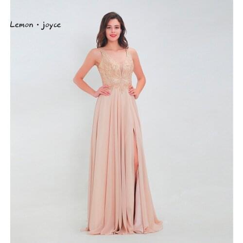 Lemon joyce Champagne Evening Dresses 2020 Sexy V-neck Crystal Beading Backless A-line Chiffon Prom Party Gowns Plus Size