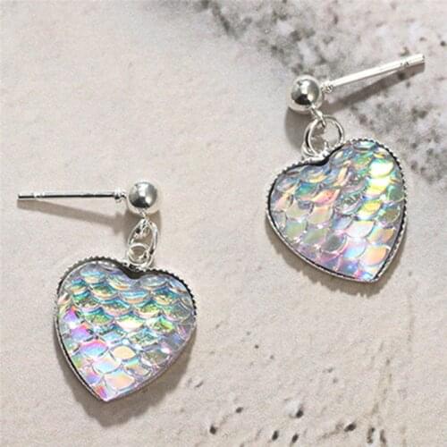 1Pair Scale Pattern Handmade Drusy Resin Beads Heart Earrings Mermaid Fish Scale Pattern Fashion Trendy Woman Jewelry Gift