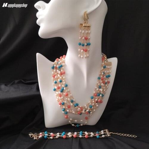 Boho Style Jewelry Sets 3PCS Pearls Turquoise Coral Beaded Tassels Earrings Multi Layer Bracelet and Necklace Women Fashion Gift