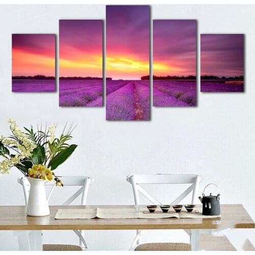 5 Pieces Romantic Lavender Sea Sunset Landscape Modern Canvas Painting Framed Printed Wall Art Pictures Poster Room Home Decor
