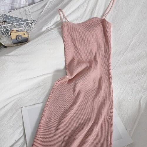 Abrini Spring Summer Dress 2021 Sweet Slim Fit Bow Slip Dress Spaghetti Strap Sleeveless Knitted Vestidos Robe Slim Straight