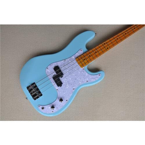 Free shipping custom 4 string blue P bass guitar, basswood body,yellow maple neck,pearl shell inlay,chrome buttons