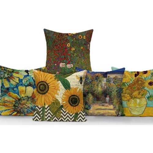 Sunflower Pillow Cover Plant Print Sofa Decorative Covers 45x45cm Cartoons Cushions Cover Van Gogh Pillows Modern Household Item