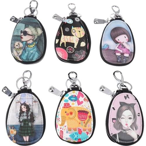Painted Design PU Keychain Pouch Women Keyrings Wallet Organizer Holders Storage Bag Housekeepers Car Key Holder Case Coin Purse