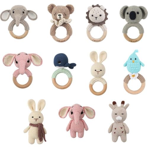 Baby Rattles DIY Crochet Cartoon Lion Fox Doll Hand Bell Carved Wooden Ring Teething Toys Newborn Molar Teether Educational Toy