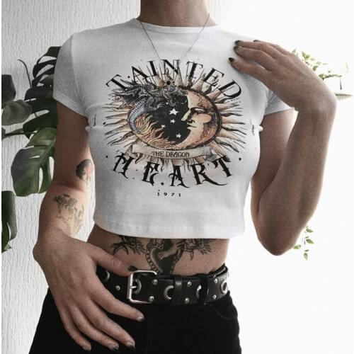 Dragon Graphic Vintage Slim Clothes Moon Sun Print Casual Short Tops Summer Punk Harajuku Starry Sky Pattern 90s Women T-Shirt