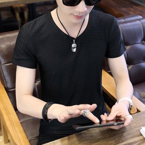 T-shirt Summer Male Solid Color Half Sleeve Slim Summer New Ice Silk Men Short Sleeve Casual V-Neck Shirts Tops Tees Shirt