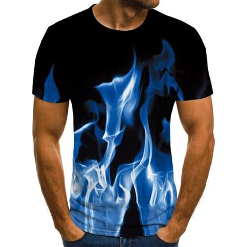2021 new mens and womens T-shirt blue flame 3D printing flame T-shirt quick-drying fabric childrens clothing size 110-6XL