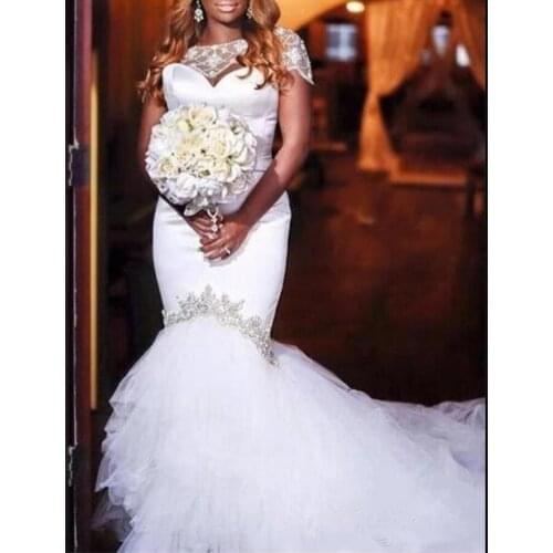 Custom Made Mermaid Tulle Beads Appliques Plus Size Exquisite Short Sleeves Bridal Dress Black Women