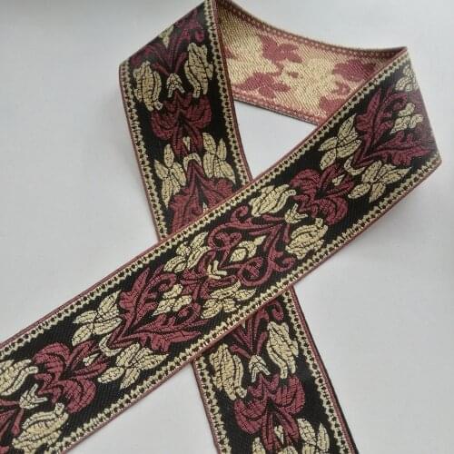 5.8cm 58mm Classical Floral Ethnic Coffee Brown Light Golden Curtain Laciness National Jacquard Filigree Embroidery Woven Ribbon