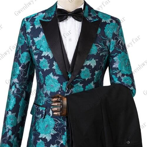 Thorndike Lake Blue Pattern Stage Clothing For Men Suit Set Mens Wedding Suits Costume Groom Tuxedo Formal (Jacket+pants+vest)