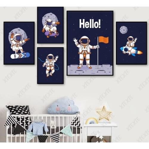 Space Astronaut Canvas Painting Cartoon Planet Landing Poster Art Childlike Wallpaper Craft Print Picture for Kids Room Decor