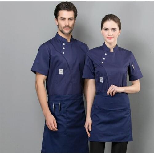 Summer women and men kitchen restaurant cook workwear blue chef uniform white shirt chef jacket