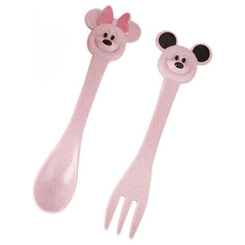 2Pcs/Set Baby Food Feeding Tableware Set Wheat Straw Eco-Friendly Cartoon Cute Spoon Fork Infant Plate Dinner Sets NTY0025