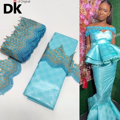Sky Blue African Original Fabric 2021 Top Quality Lace Ribbon For DIY 100% Cotton With Bazin Riche Gextczer 2.5+2.5 Yards