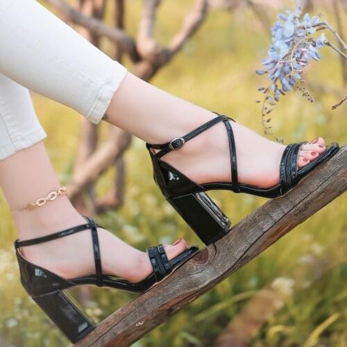 Tonar Tend Black Japanned Leather High-Heeled Women 'S Shoes Cross tie New Season Summery Orthopedic